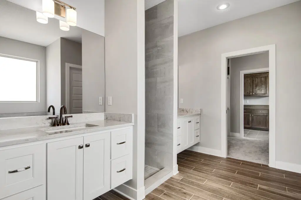 Lago Primary Bathroom Double Vanity With Granite Countertop And Large Mirror