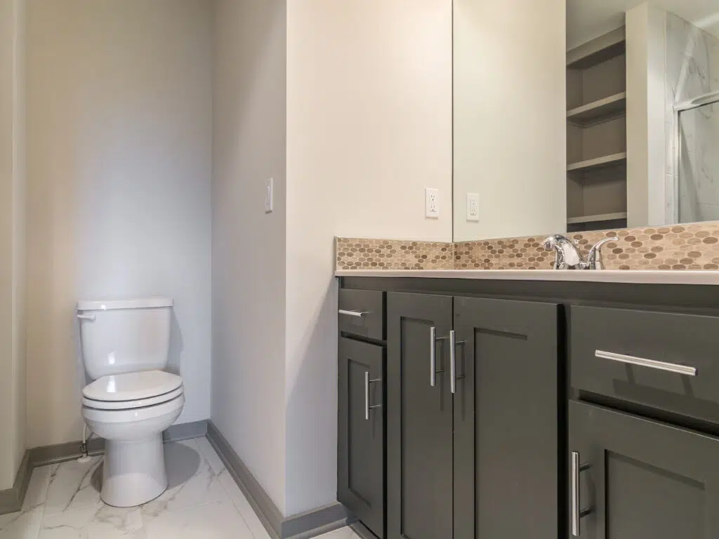 Justina Floor Plan Bathroom By Comerio Homes With Dark Vanity Cabinetry, Mosaic Backsplash, Large Mirror And Tiled Flooring.