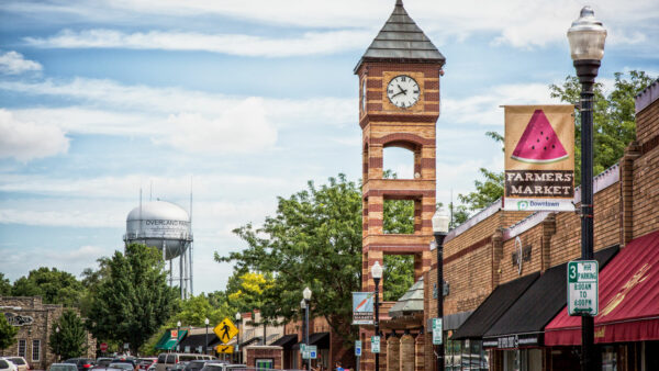 The focal clocktower within the Town Center Plaza commercial district in Overland Park, KS.