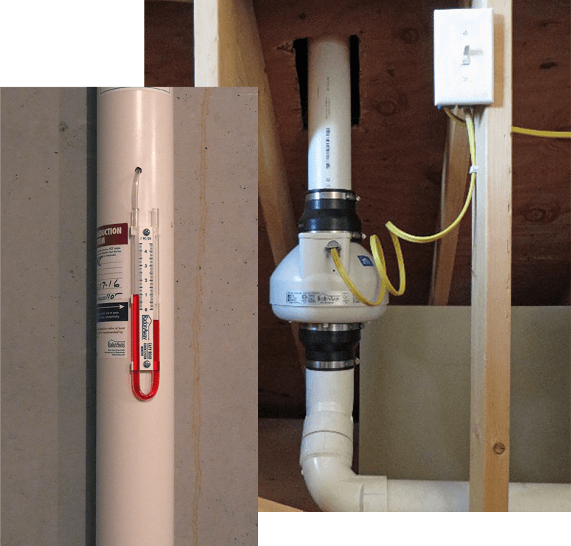 Radon Mitigation System With Radon Level Monitor Installed In A Custom Home