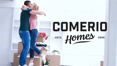 Comerio Homes Vendor Partnership Graphic Featuring The Comerio Homes Logo And Homeowners Celebrating Their New Home.