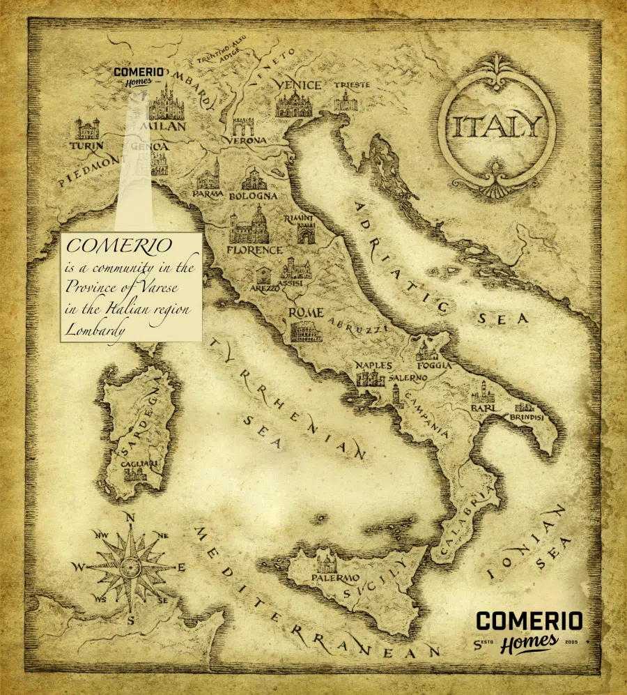 Vintage Map Of Italy Highlighting Comerio In Lombardy And The Italian Heritage Behind The Comerio Homes Name.