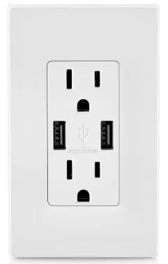 Electrical Wall Outlet With Built-in USB Charging Ports For Convenient Device Charging.
