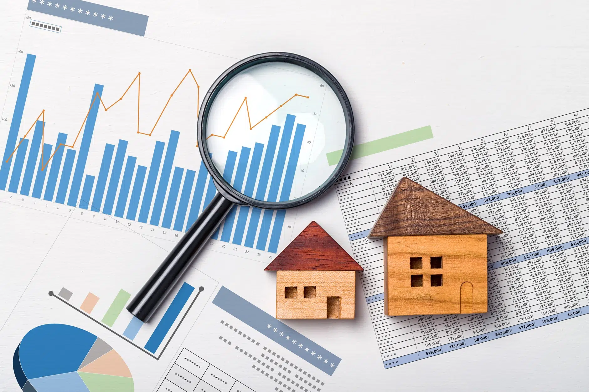 Home financing analysis with housing models, financial charts, and mortgage data.