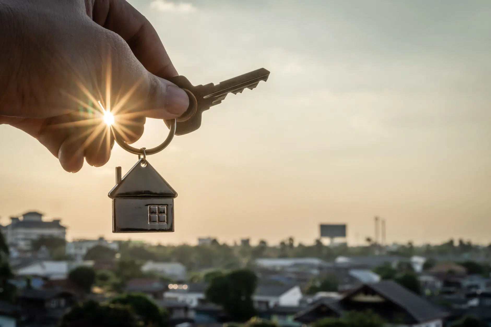 Hand holding house key with home-shaped keychain overlooking a neighborhood
