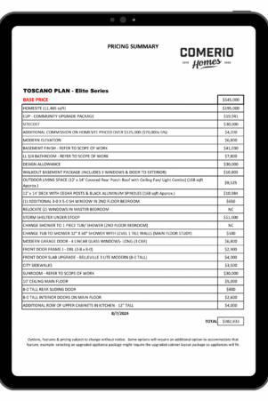 Comerio Homes Pricing Summary Example Showing Base Price, Homesite, Design Selections, Optional Features, And Total Home Price.
