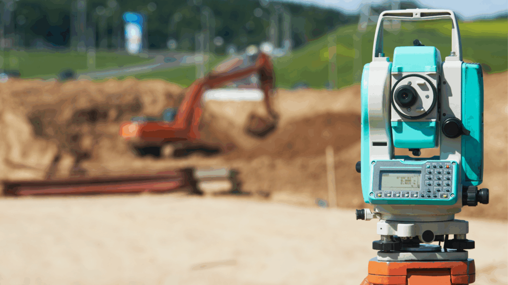 Land survey equipment at a construction site with excavator in the background – Comerio Homes land development in Kansas City