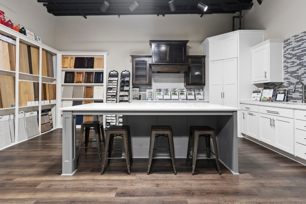 Table and material displays inside the design center for Kansas City floor plans