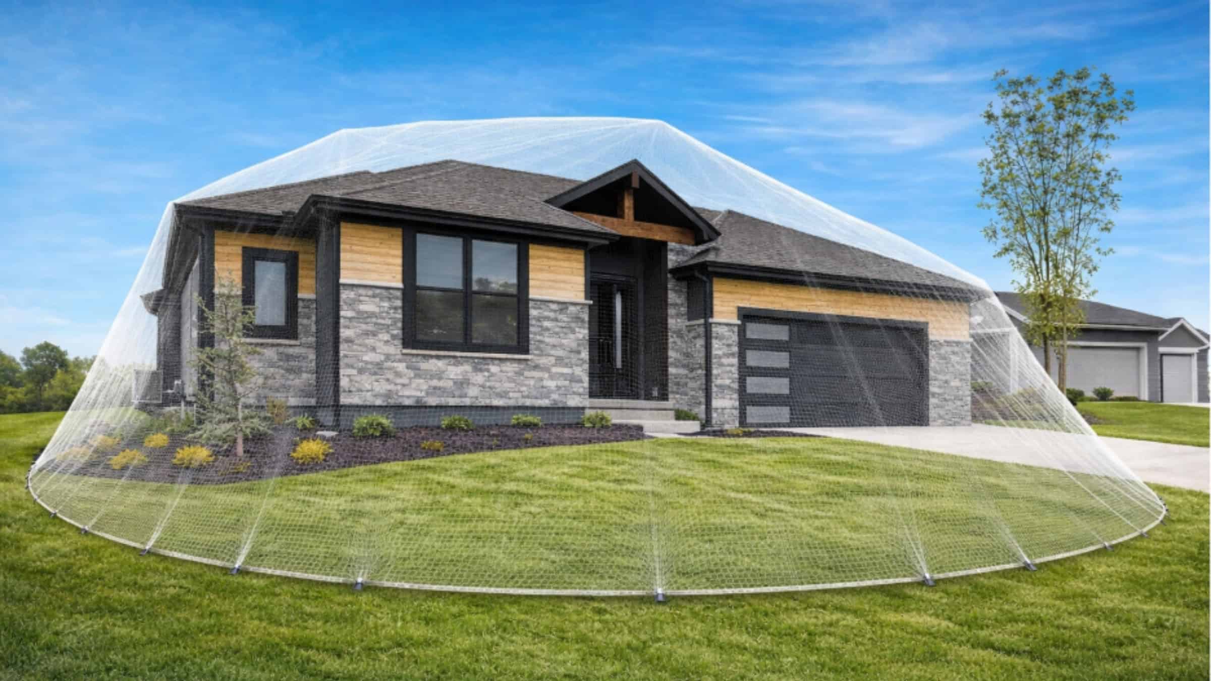 New Home Surrounded By Protective Net Representing Safety, Warranty, And Long-term Protection By Comerio Homes
